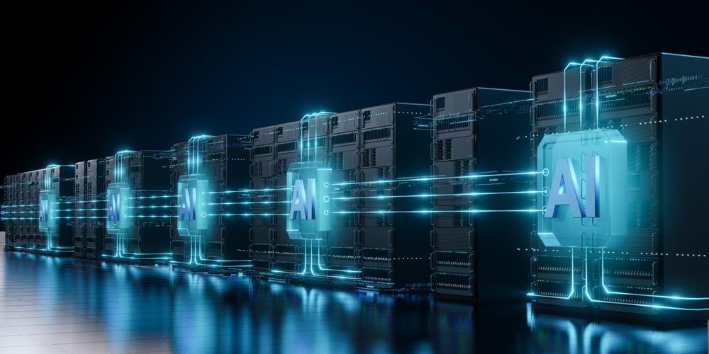 Rows of futuristic servers with glowing "AI" logos connected by blue light trails in a dark data center environment.