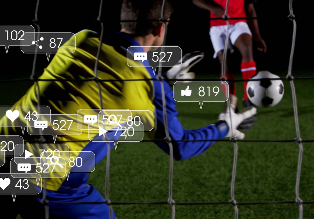 football goalkeeper reaching for a ball, overlaid with social media stat bubbles