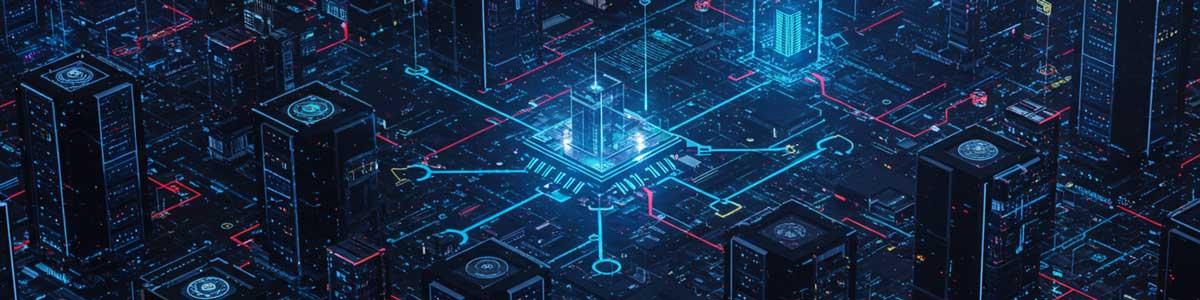 Futuristic digital circuit board cityscape with glowing blue and red lines, central illuminated chip, and towering structures.