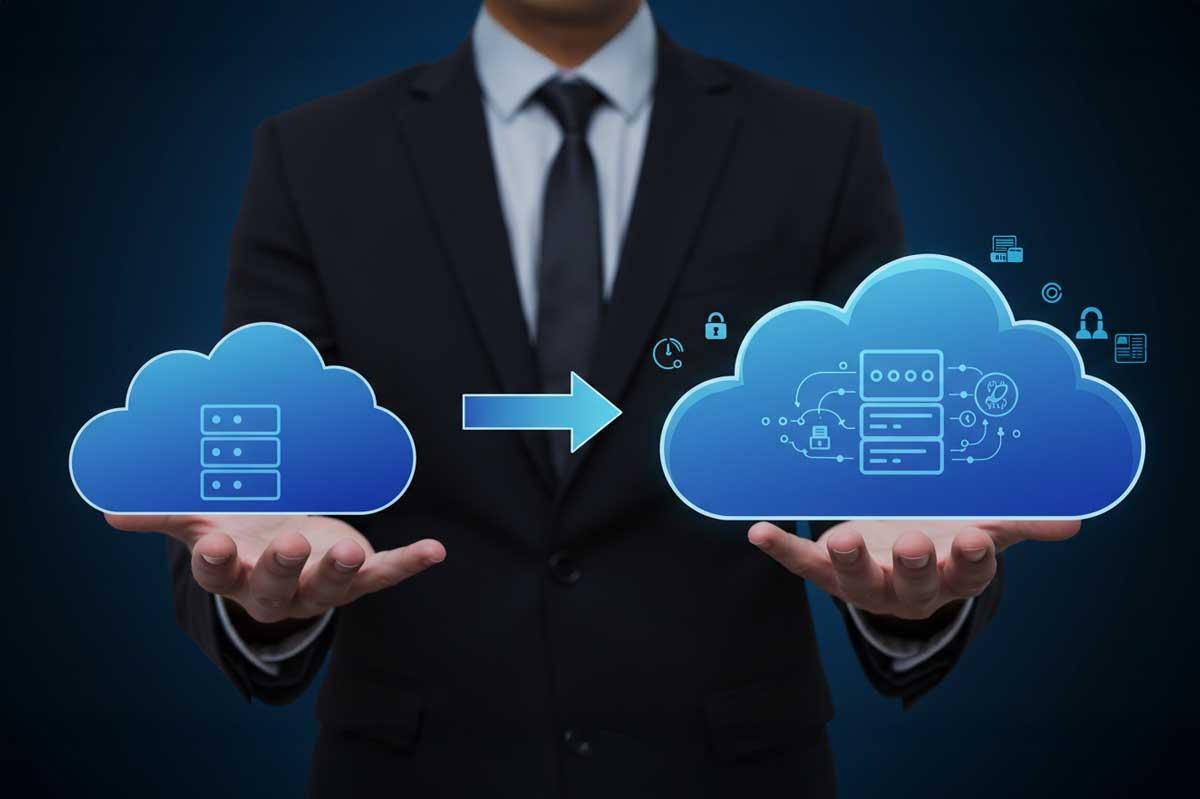 Person in a suit holding two cloud icons with a connecting arrow, symbolizing data transfer or cloud computing.