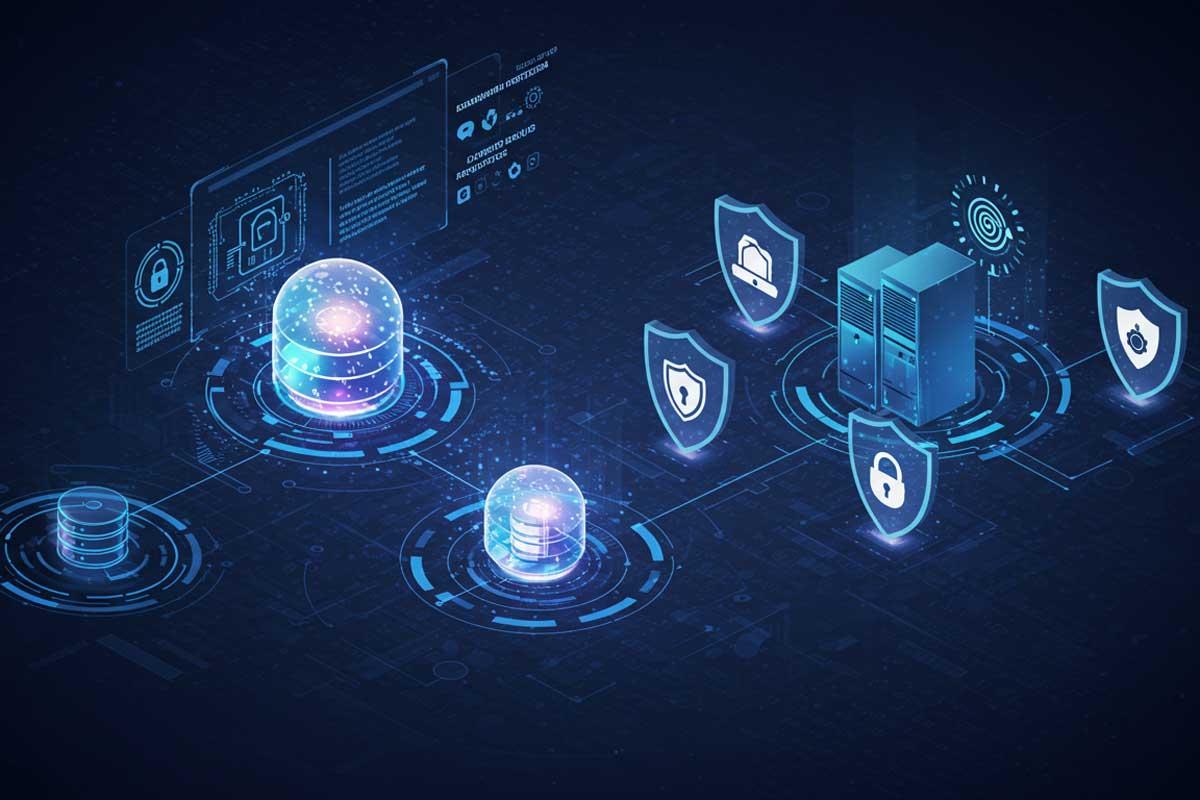 Futuristic digital security concept with servers, data nodes, and shield icons connected by glowing lines on a dark background.