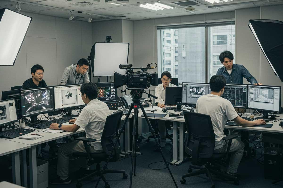 A group of people work at computer stations in a modern office with cameras and lighting equipment, focusing on digital content creation.