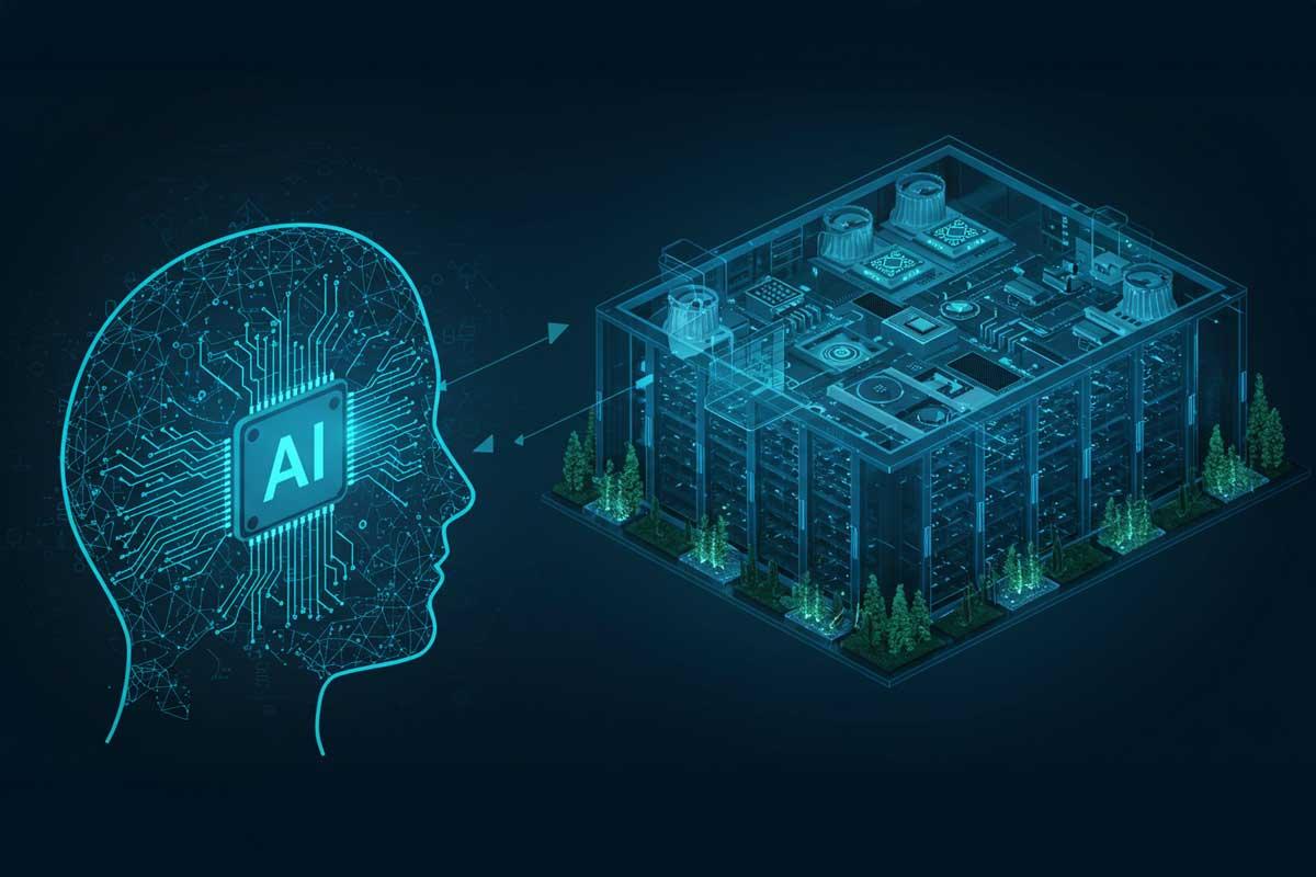 Futuristic illustration of a digital human profile with AI chip facing a complex data center, symbolizing artificial intelligence and technology.
