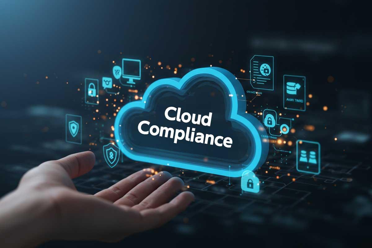 A hand reaches towards a digital cloud icon labeled "Cloud Compliance," surrounded by security and data icons on a dark background.