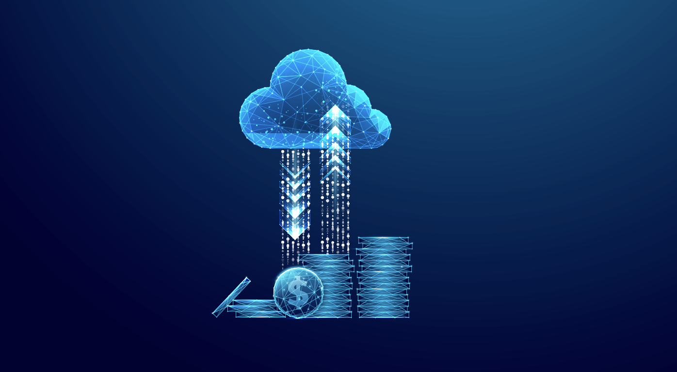 Coins stacked up underneath a blue matrix cloud, with up and down arrows representing ingress and egress connecting the two