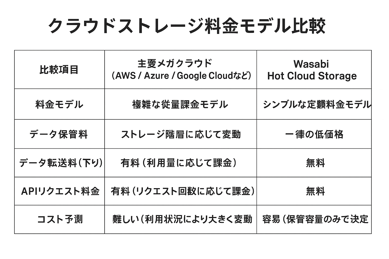 Comparison chart of cloud storage pricing models for major providers and Wasabi Hot Cloud Storage, showing differences in cost and features.