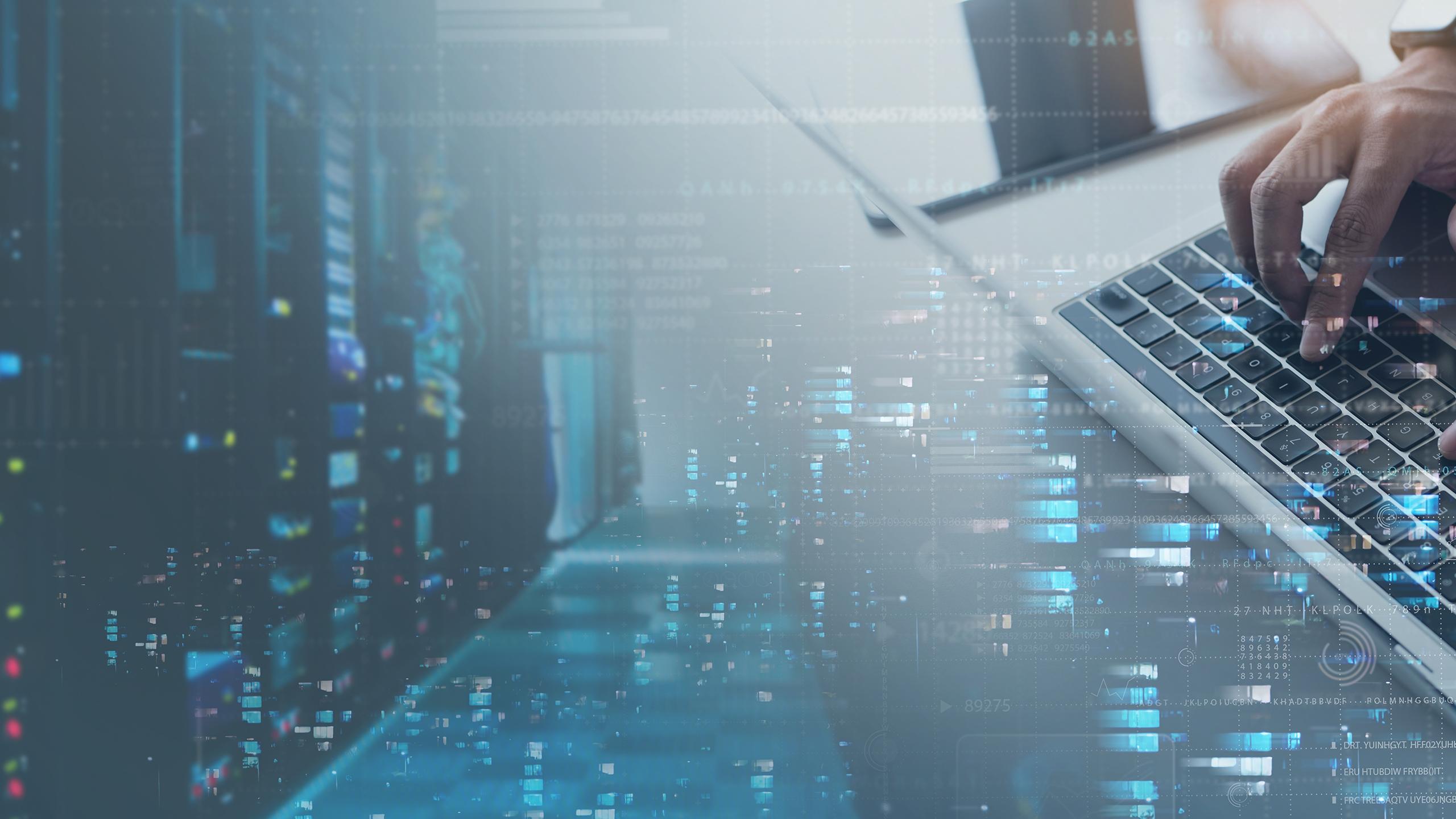 person typing on keyboard overlayed with data center and cityscape