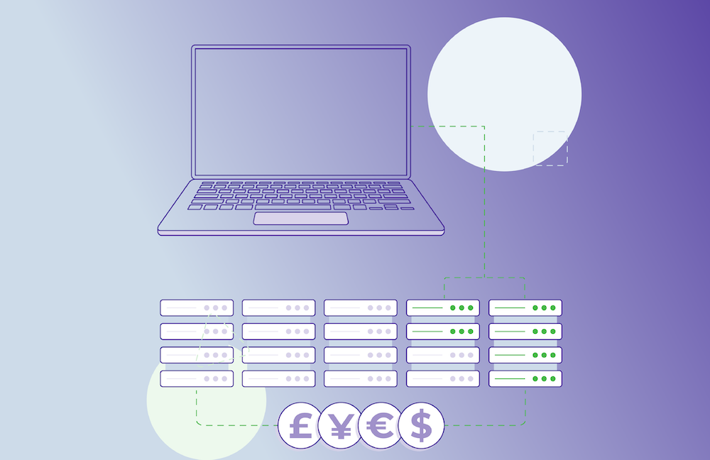 image of currency symbols underneath a laptop and images of storage hardware