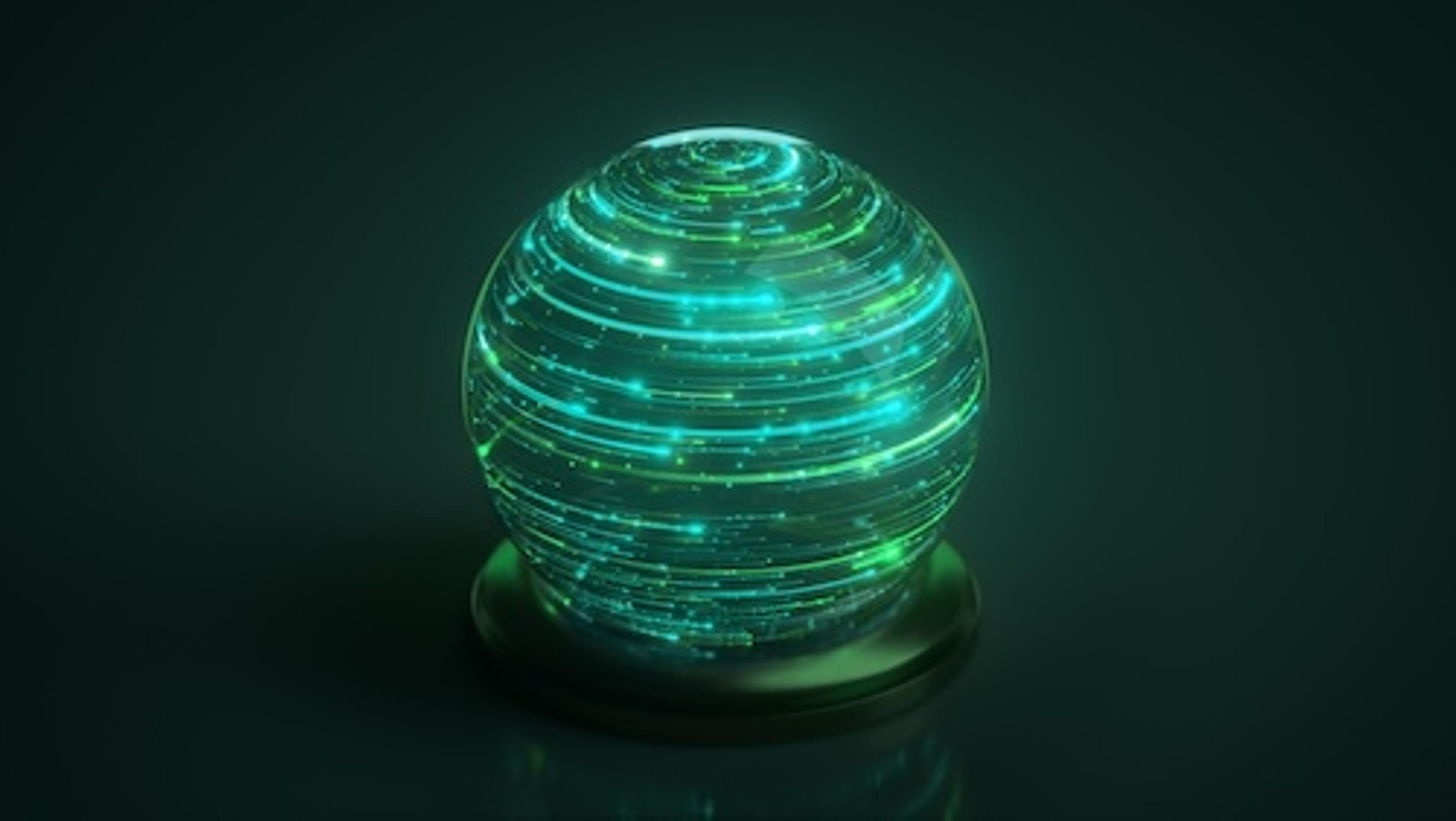 image of a crystal ball on a stand with green neon lights inside