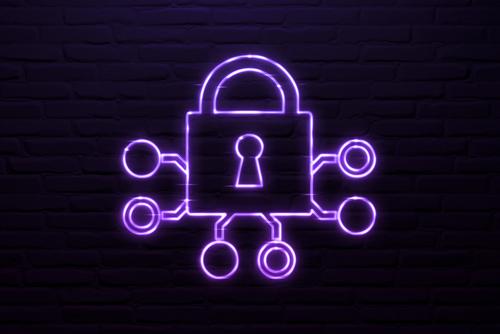 Neon purple lock icon with connected nodes on a dark background