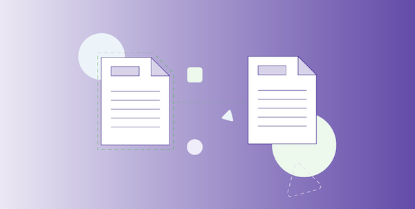 Two document icons connected by a dotted line on a purple gradient background with geometric shapes.