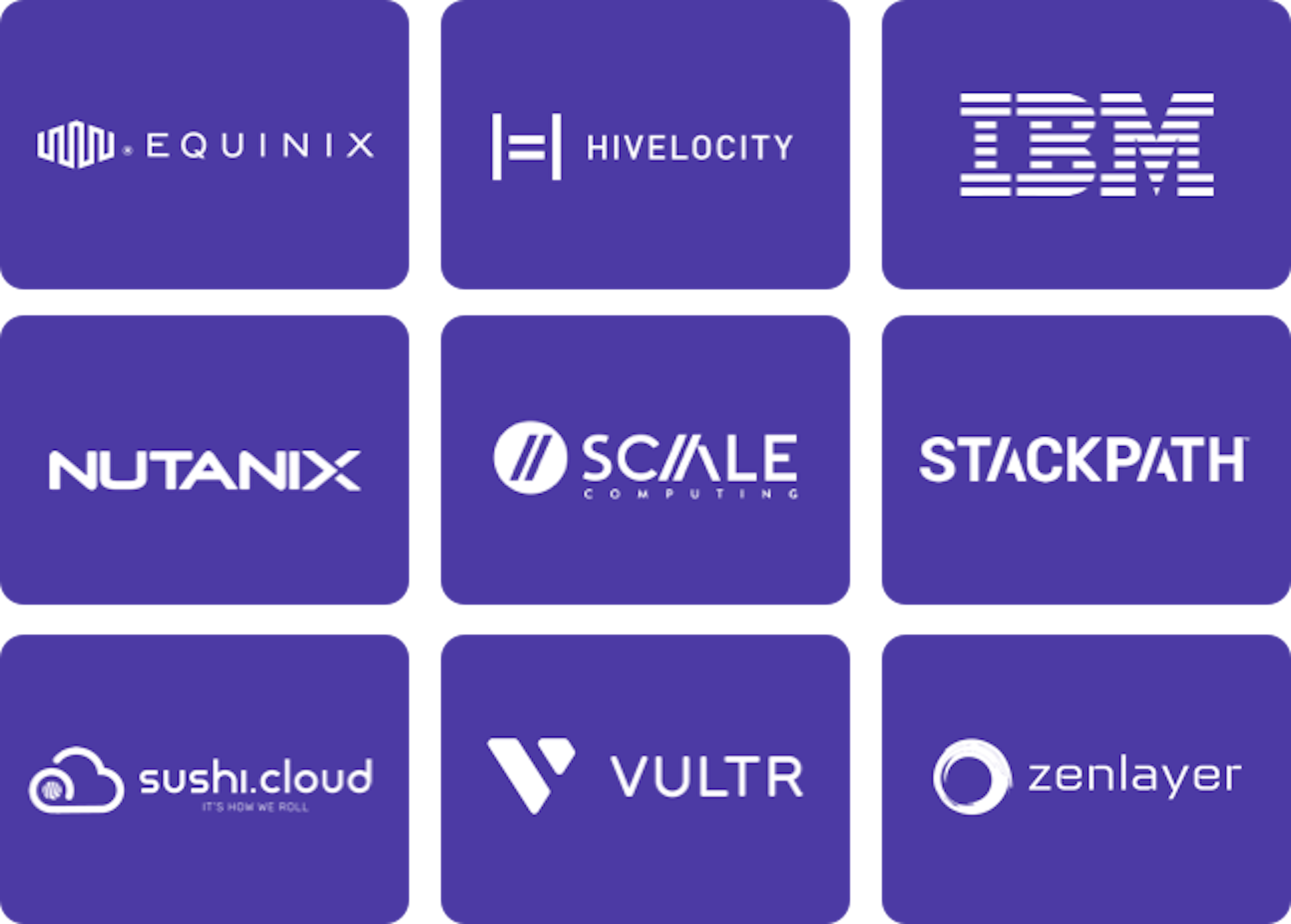 Wasabi Compute partner list - Equinix, Hivelocity, IBM, Nutanix, Scale Computing, Stackpath, Sushi Cloud, Vultr, Zenlayer