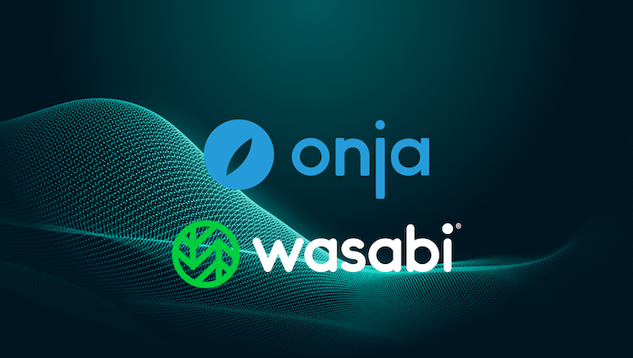 onja and wasabi logos against a green abstract wave