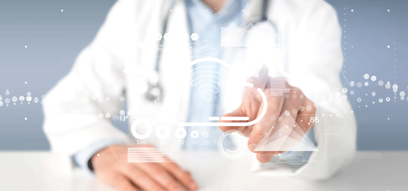 Healthcare professional with digital IT icons in foreground