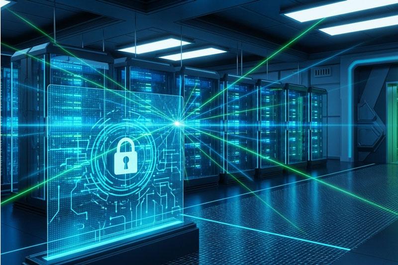 Futuristic server room with glowing servers, digital lock hologram, and green laser beams, symbolizing cybersecurity and data protection.
