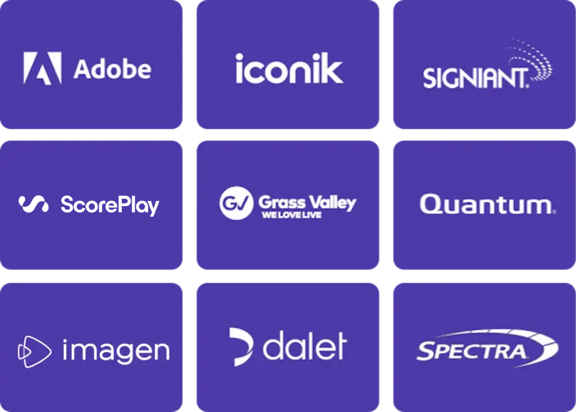 cluster of partner logos - adobe, iconik, signiant, scoreplay, quantum, imagen, dalet, spectra