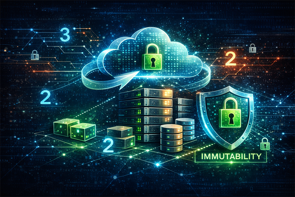 Illustration of cloud security with a locked cloud, servers, shield labeled "immutability," and digital connections, emphasizing data safety.