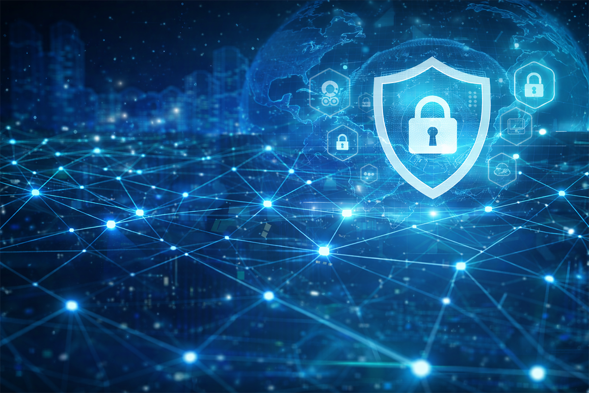 Digital network concept with glowing lines connecting across a cityscape. A security shield with a lock icon overlays the scene.