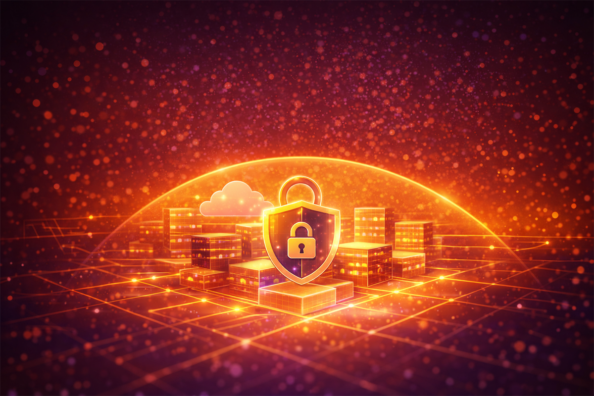 A digital shield with a padlock icon in a glowing orange virtual cityscape, symbolizing cybersecurity and protection.