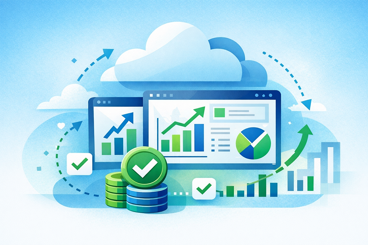 Illustration of financial growth with graphs, charts, arrows, and coins against a cloud backdrop, symbolizing data analytics and progress.
