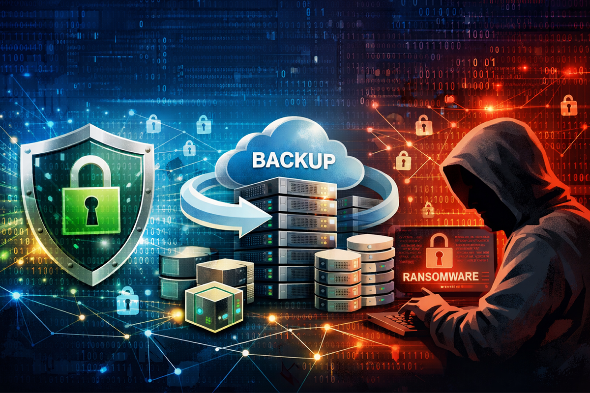 Illustration of cybersecurity: A hacker targets servers with ransomware; shield and backup cloud symbolize data protection.