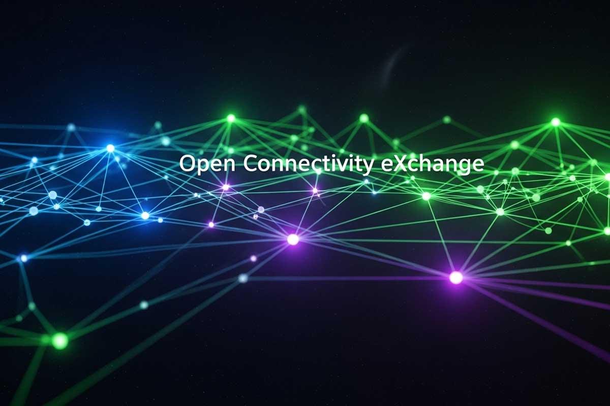 Abstract network of interconnected glowing nodes and lines on a dark background, with the text "Open Connectivity eXchange" overlaid.
