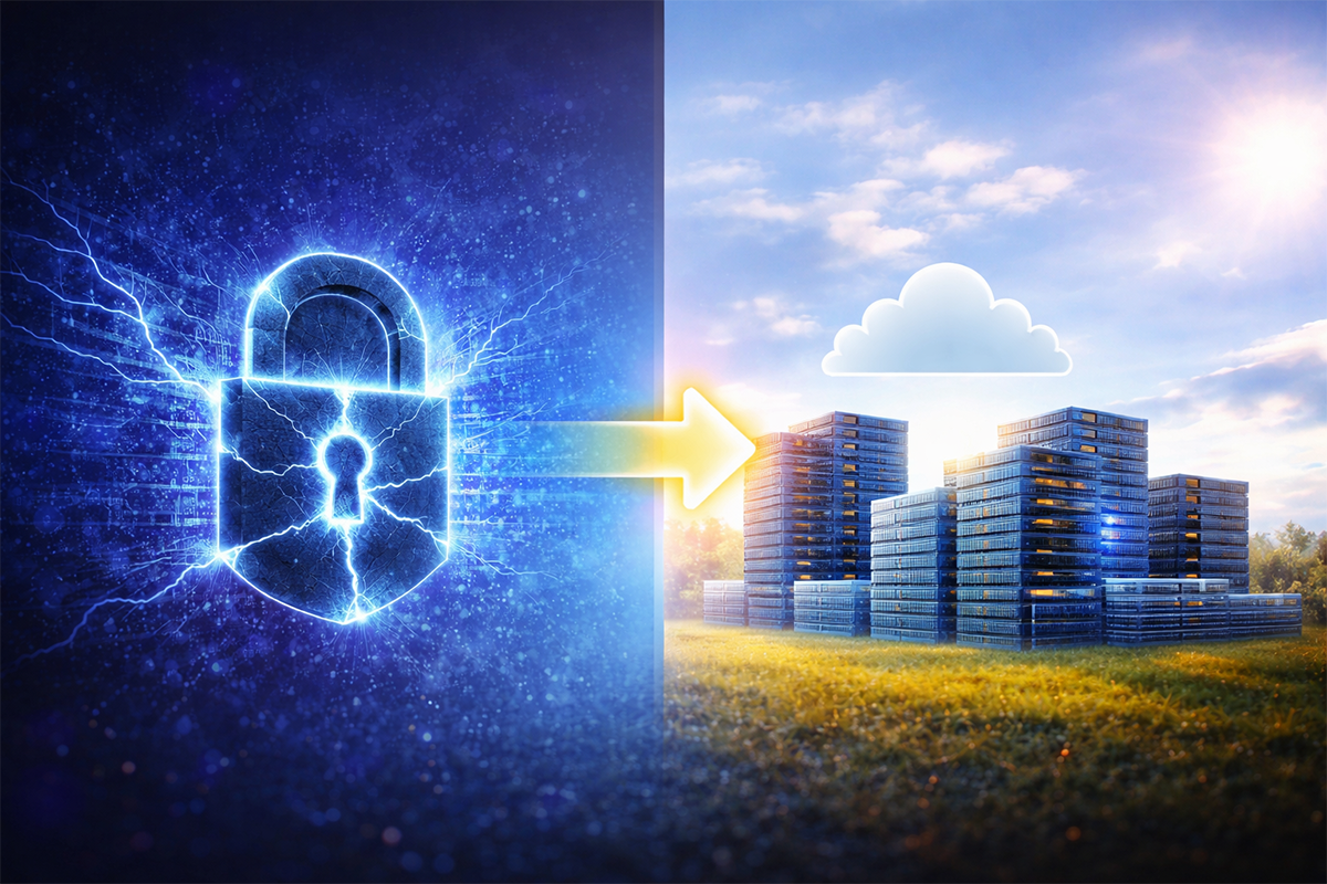 A digital padlock with lightning symbolizes security, pointing to a cloud over server stacks in a field, suggesting secure cloud storage.
