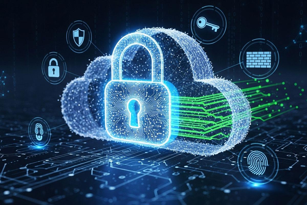Digital cloud with a glowing padlock, surrounded by cybersecurity icons like a shield, key, firewall, and fingerprint, representing data protection.