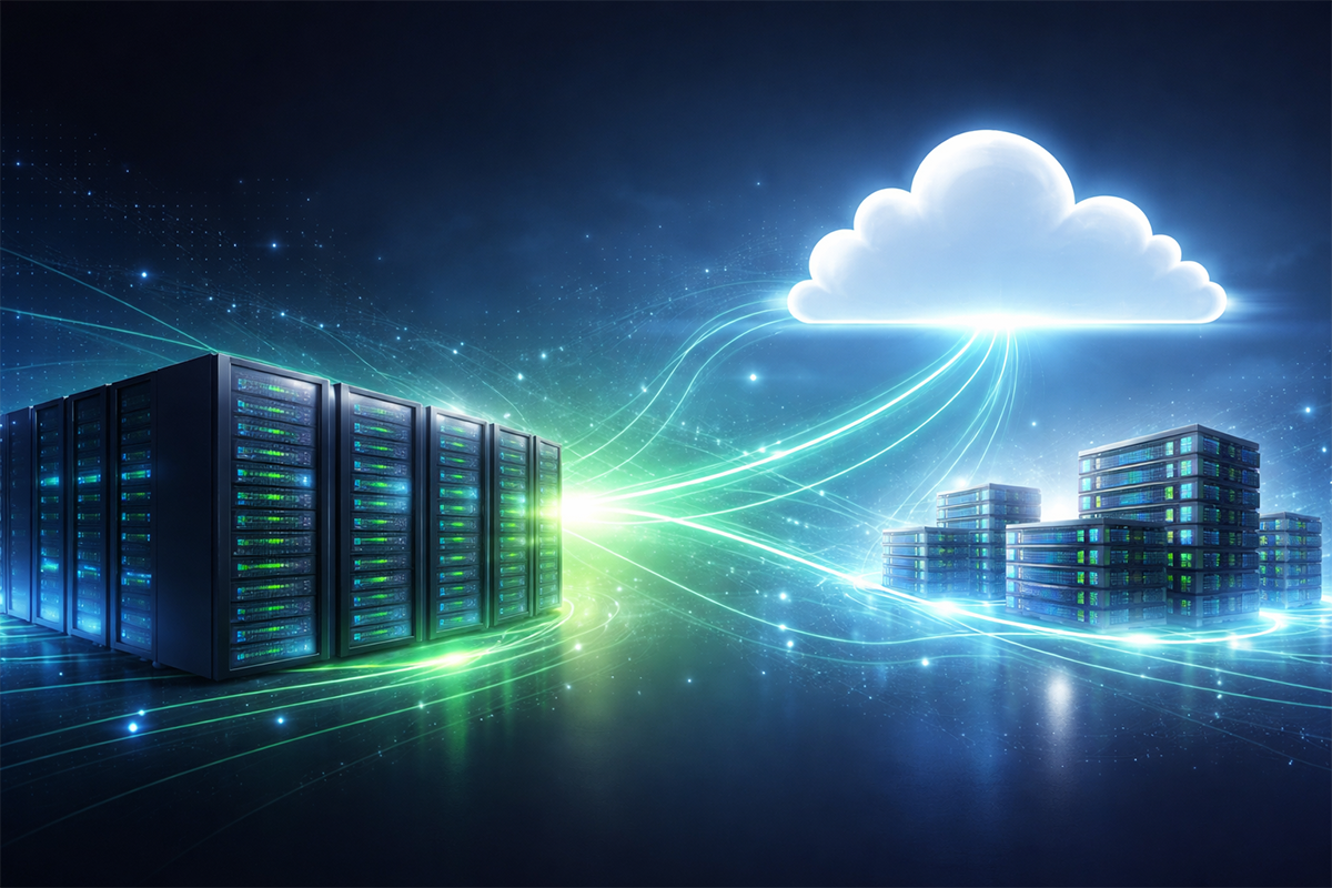 A glowing cloud icon connected to multiple server racks with bright, flowing lines, symbolizing cloud computing and data transfer.